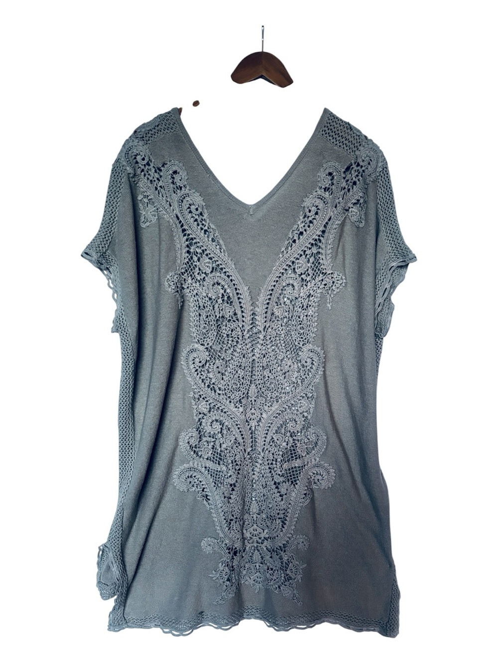Knitted & Knotted Oversized Grey Crochet Lace Tunic Top XS/S Petite With PTP 24”